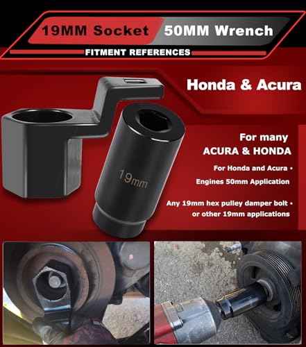 19mm Harmonic Balancer Socket & 50mm Crank Pulley Wrench Holder, Heavy Duty Crankshaft Bolt Removal Tool Kit Compatible with Honda & Acura Engines - 2 PCS