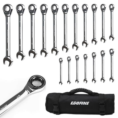 Egofine Ratcheting Wrench Set, 6 mm - 24 mm Metric Wrench Set 18pc, 72 Teeth Combination Wrenches Set, Chrome Vanadium Steel with a Roll Up Storage Bag - size: Metric-18 piece set