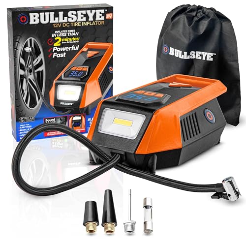 Bullseye 12V DC Car Tire Inflator Portable Air Compressor - Rapid 2 Minute Inflation, Auto Shut-Off, Max 150 PSI, Easy Cord Storage, Digital Pressure Gauge, LED Display (Orange) - As Seen on TV - color: Orange