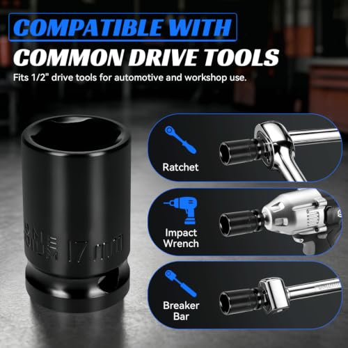 2PCS 17mm Impact Socket 1/2" Drive, 6 Point Metric Shallow Socket, CR-V Steel Heavy Duty Impact Wrench Socket for Automotive Repair - size: 17mm