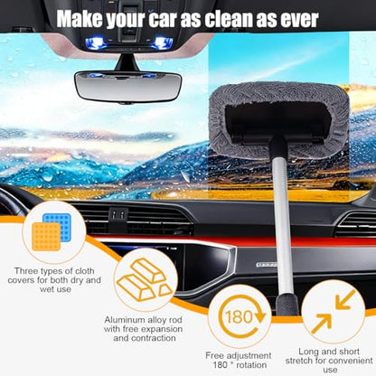Car Windshield Cleaner Tool, Extendable Handle Rectangular Vehicle Window Cleaner with 3 Washable and Reusable Microfiber Pads, Auto Windscreen Cleaning Tool, Universal Fit - size: Rectangular