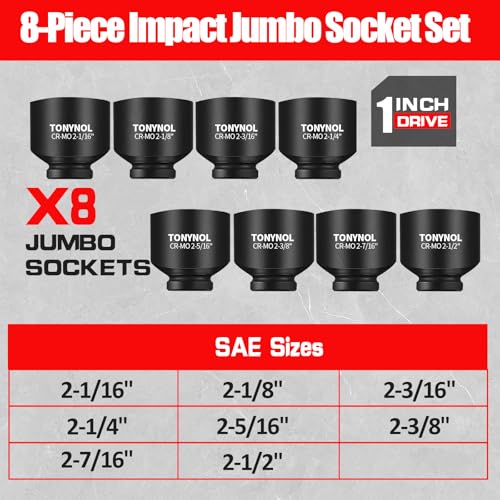 TONYNOL 1 Inch Drive Impact Jumbo Socket Set,6-Point,SAE(2-1/16" to 2-1/2"),8 Pcs,Cr-MO Steel,With a Storage Case - size: 1" Inch SAE (2-1/16" to 2-1/2"）8pcs