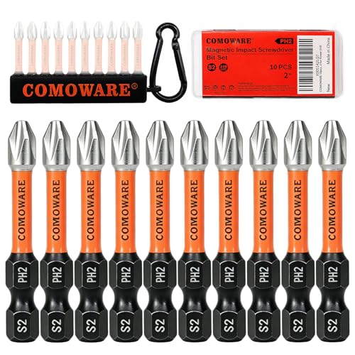 COMOWARE 10PCS PH2 Impact Screwdriver Bit Set, 2" Magnetic Phillips Drill Bits #2, S2 Steel 1/4" Hex Power Bit Set with Storage Case and Carabiner Clip, Impact Rated for Drill and Driver - color: Ph2 10pcs