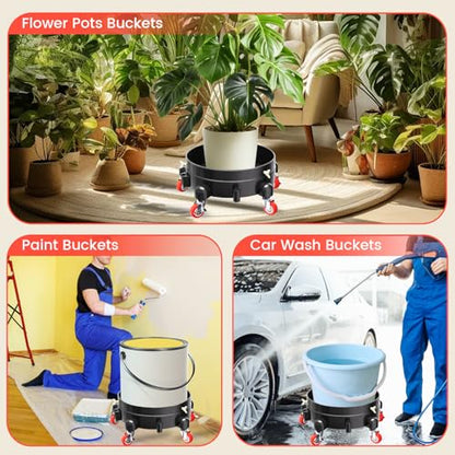 2Pcs 11 Inch Bucket Dolly, Removable Rolling Bucket Dolly, 5 Gallon Car, with 5 Heavy Duty Wheel Casters, 360°Rolling, Connectable, Locking, for Car Wash & Auto Detailing,Bearing 300lb,Black - color: Black