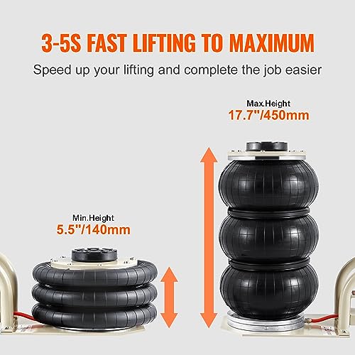 VEVOR Air Jack, 3 Ton/6600 lbs Triple Bag Air Jack, Airbag Jack with Six Steel Pipes, Lift up to 17.7 inch/450 mm, 3-5 s Fast Lifting Pneumatic Jack, with Short Handles for Car Repair - style: 3T/high 17.7in-short Handle