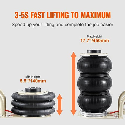 VEVOR Air Jack, 3 Ton/6600 lbs Triple Bag Air Jack, Airbag Jack with Six Steel Pipes, Lift up to 17.7 inch/450 mm, 3-5 s Fast Lifting Pneumatic Jack, with Short Handles for Car Repair - style: 3T/high 17.7in-short Handle