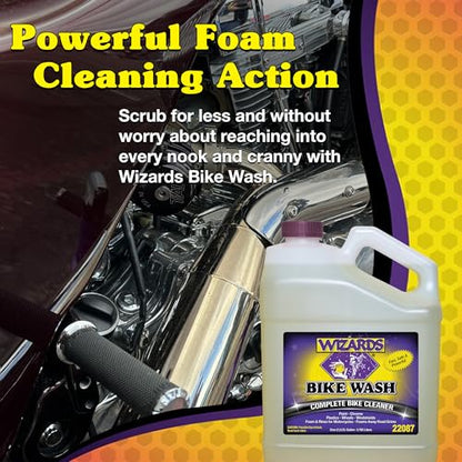 Wizards Complete Bike Wash - Motorcycle Cleaner Spray, Foaming pH-Controlled Formula Lifts Road Grime, Brake Dust and Engine Grease from Paint, Chrome and Plastics for Bike Detailing - 1 Gallon - size: 1 Gallon