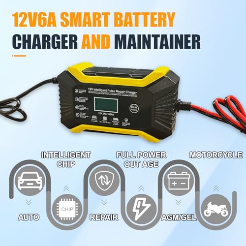 Car Battery Charger, 12V 6A Automatic Smart Battery Trickle Charger with LCD Display, Battery Maintainer Desulfator with Temperature Compensation, Universal for Car, Truck, SUV RV, Boat
