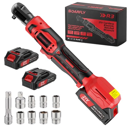 SOARFLY 3/8" Cordless Ratchet Wrench, Power Ratchet Tool Set, 60 Ft-Lbs(80N.m) Electric Ratchet Wrench with 2 * 2000mAh Lithium Batteries, 7 Sockets, LED Light, 1/4" Adapter, 3" Extension Bar - color: Deep Red