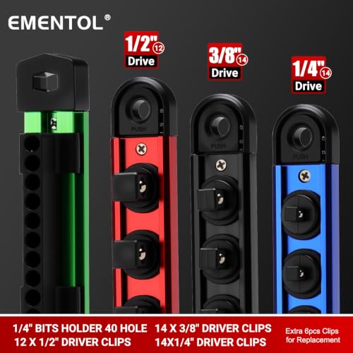 EMENTOL 4-Piece Magnetic Socket Organizer Kit, 1/4'' 3/8'' 1/2'' Drive | Heavy Duty Socket Holder & 1/4'' Drill Bit Organizer, Aluminum Alloy Storage for Tools - size: 4-Piece Set