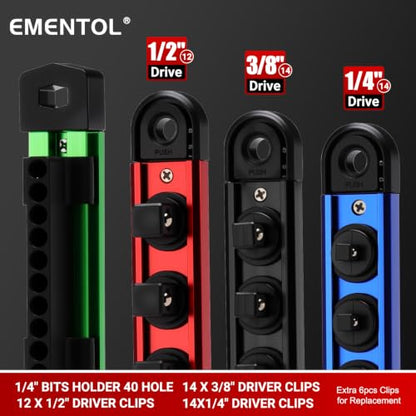 EMENTOL 4-Piece Magnetic Socket Organizer Kit, 1/4'' 3/8'' 1/2'' Drive | Heavy Duty Socket Holder & 1/4'' Drill Bit Organizer, Aluminum Alloy Storage for Tools - size: 4-Piece Set
