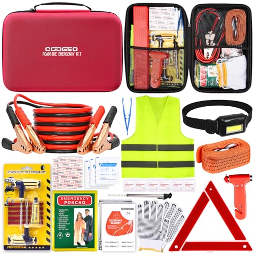 15PC Car Emergency Kit with Jumper Cables, Roadside Assistance Safety Kit for Auto & Truck, Includes Safety Hammers, Tow Strap, Warning Triangle, First Aid, Gifts for Young Men or Women,Red - color: Red, size: 15 Pcs