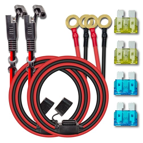 2PCS 10AWG 6FT Charger Cable, SAE to O Ring Terminal Quick Disconnect Harness, 2 Pin SAE Connectors Extension Cables Cord with 15& 20A Fuse for Car, Motorcycle, Solar Panel - color: 10awg6ft*2