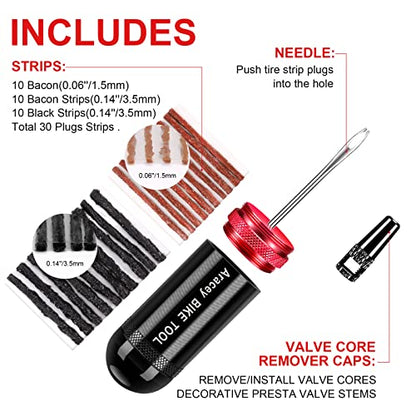 Tubeless Bike Tire Repair Kit for MTB and Road Bicycle Tires, Combined Ream, Portable Capsule Appearance – Fix a Puncture or Flat,Includes Plugger Tool and Plugs - 10 Bacon and 10 Black Strips