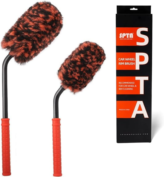 SPTA Angled Car Wheel Brush Set, 2Pcs Car Detailing Cleaning Brush Synthetic Wool Rim Cleaner Brush, Flat Spoke Brush, Metal Free Rim Tire Detail Brush, Remove Brake Dirt Behind Your Rim Accessories - color: 2pcs