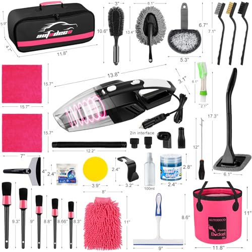 41Pcs Car Cleaning Wash Kit Interior Detailing Cleaner Kit with High Power Handheld Vacuum, Collapsible Bucket, Windshield Tool, Snow Shovel, Tire Brush, Complete Car Care Tools, Pink - color: Pink, size: 41Pcs