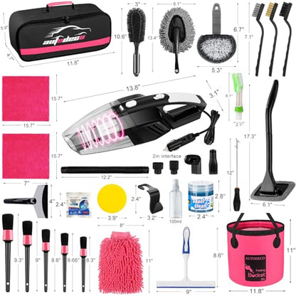 41Pcs Car Cleaning Wash Kit Interior Detailing Cleaner Kit with High Power Handheld Vacuum, Collapsible Bucket, Windshield Tool, Snow Shovel, Tire Brush, Complete Car Care Tools, Pink - color: Pink, size: 41Pcs