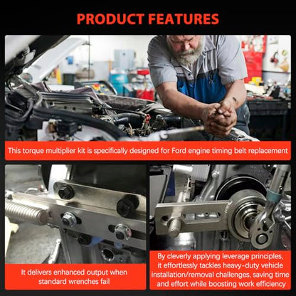 Engine Crankshaft Belt Pulley Removal Tool Fit for Ford 1.0 & 2.0 Ecoboost/Duratec, Torque Multiplier Tool with 21mm and 24mm Center Socket, 1:5 Labor Saving, 1/2" Drive 1500Nm, Replace 303-1611