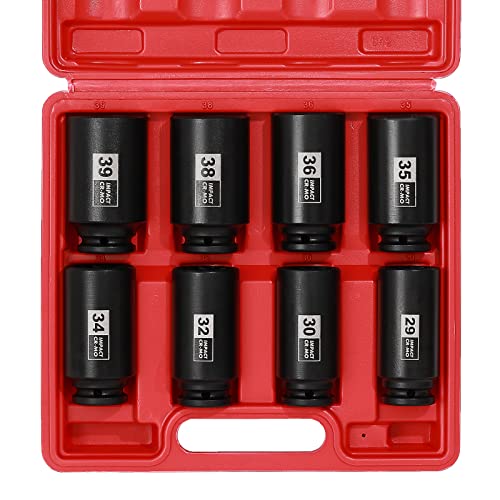 EMENTOL 8PCS 1/2" Drive Deep Spindle Axle Nut Impact Socket Set, CR-MO, 12 Point, Metric, Deep Socket Impact Socket Set-29,30 32, 34, 35, 36, 38, 39mm - size: 8PCS (29mm - 39mm)