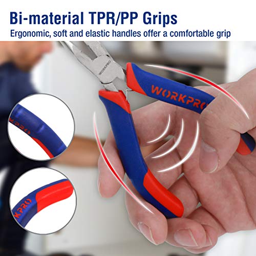 WORKPRO 6-piece Mini Pliers Set with Pouch | Needle Nose, Diagonal, Long Nose, Bent Nose, End Cutting and Linesman, for Making Crafts, Repairing Electronic with Pouch - color: Blue