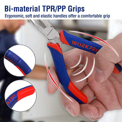 WORKPRO 6-piece Mini Pliers Set with Pouch | Needle Nose, Diagonal, Long Nose, Bent Nose, End Cutting and Linesman, for Making Crafts, Repairing Electronic with Pouch - color: Blue