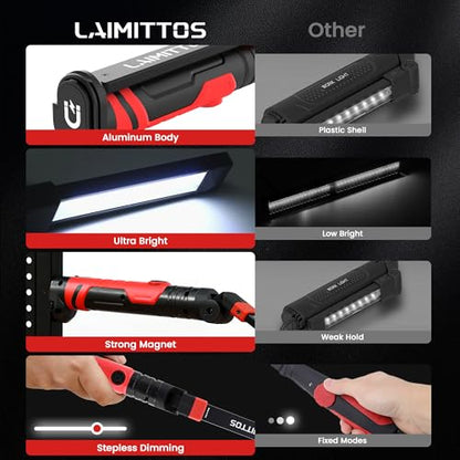Rechargeable LED Work Light, Magnetic Flashlight Mechanic Light Tool for Men Him, Foldable Lamp with Hook for Car Repair Emergency BBQ Grill (2 Pack) - style: 350 Lumens+600 Lumens