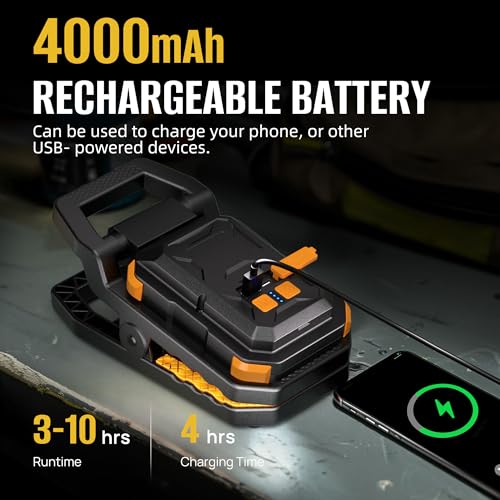 Adelante W3 Rechargeable Clamp Work Light, 2100LM, 360° Rotating Head | 4000mAh battery, 3-10 hours runtime, 2.5 in clamp, dual magnets, IPX4 waterproof, USB-C charge and USB output for workshop