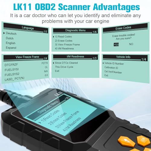 OBD2 Scanner Ease Setup Plug-Play: Clear Reset Engine Error Code | Professional Code Reader Diagnostic Scan Tools with Freeze Frame/I/M Readiness for Cars Since 1996 & Newer - LK11