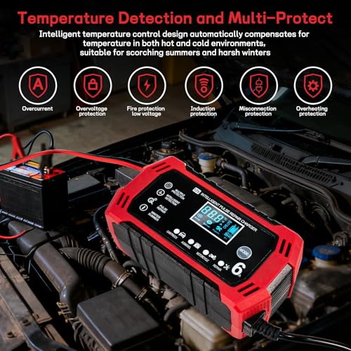 Car Battery Charger,12V 6Amp Trickle Charger and Maintainer, Smart Fully Automatic Battery Charger w/Temperature Compensation, Battery Pulse Repair and Desulfator for Lead Acid AGM Batteries