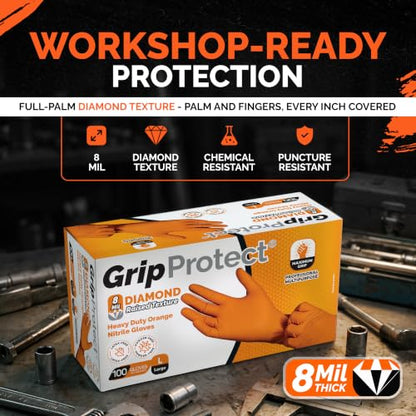 GripProtect 8 Mil Nitrile Gloves – Chemical Resistant, Diamond-Raised Textured Gloves, Orange Heavy Duty Disposable Gloves - size: S