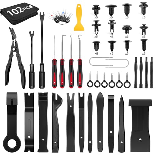 GOOACC 102Pcs Trim Removal Tool, Auto Push Pin Nylon Bumper Retainer Clip Set Fastener Terminal Remover Tool Round Handle Crowbar Kit Car/Radio Panel, Black - color: 102Pcs Clips+ Remover Black