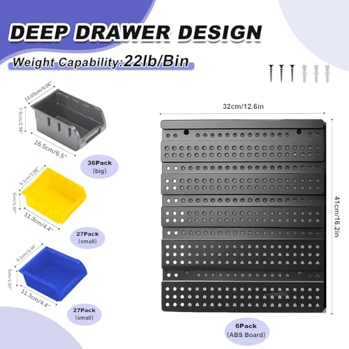 Wall Mounted Storage System 90PCS - Heavy-Duty Plastic Bins for Garage，Home, Closet & Bedroom Organization, Rack Holds Nuts, Bolts, Tools, Hardware - color: 30blue+30yellow+30grey