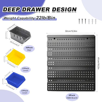 Wall Mounted Storage System 90PCS - Heavy-Duty Plastic Bins for Garage，Home, Closet & Bedroom Organization, Rack Holds Nuts, Bolts, Tools, Hardware - color: 30blue+30yellow+30grey