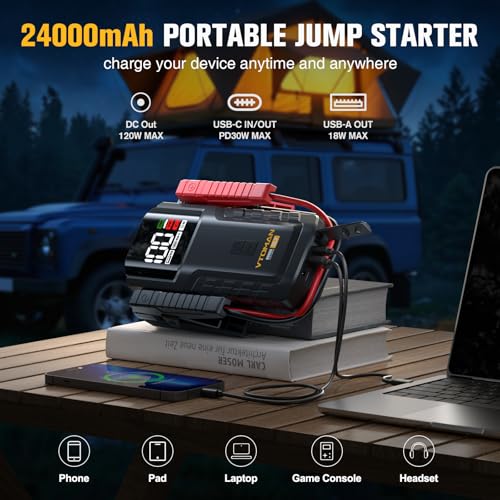 VTOMAN VL7 6000A Jump Starter Upgraded with LiFePO4 Battery,24000mAh Portable Car Battery Booster (All Gas/10L Diesel),12V Jump Box Power Pack with USB-A,Type-C & DC Output,LED Light,EVA Bag