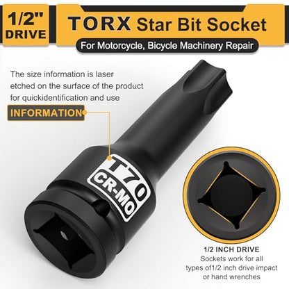 1/2" Drive T70 Torx Bit Socket, Star Bit Socket, CR-MO Steel, Motorcycle, Bicycle Machinery Repair - size: 1/2" T70 Deep