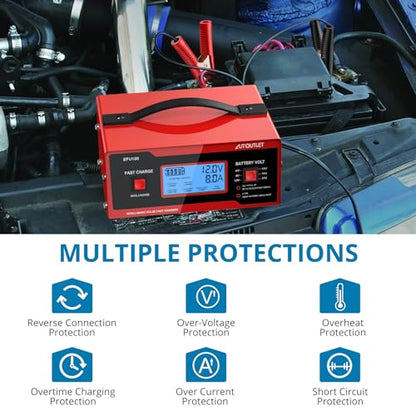 AUTOUTLET Upgraded 8 Volt Battery Charger for Golf Cart Automotive Battery Charger and Maintainer 0-14A with Cable Clamps for 6/8/12/14/16/24V Lead-Acid Batteries - color: Red