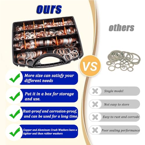1160PCS Crush Washer Oil Drain Plug,18 Sizes Copper and Aluminum Oil Drain Plug Gasket Assortment,Automotive Engine Crush Washers (M6 M8 M10 M12 M14 M16 M18 M20 M22 M24) - size: 1160PCS (M6-M24)