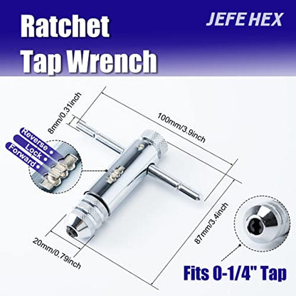 JEFEHEX 18pcs Drill and Tap Set with 1 Piece T-Handle Ratchet Tap Wrench, Tap Range 6-32NC—1/2"-13NC, Black and Gold Premium HSS Jobber Length Drill Bits and Hand Plug Taps with Metal Indexed Box - size: 18PCS SAE
