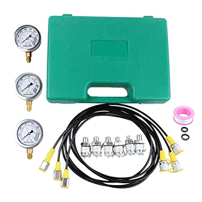 Hydraulic Pressure Test Kit, 3 Pressure Gauges 25Mpa/40Mpa/60Mpa 6 Test Couplings 3 Test Hoses 1 Storage Case Diagnosis Tester Gauge Set for Excavator Construction Machinery Upgraded Version - size: Green 3 Gauges 6 Couplings