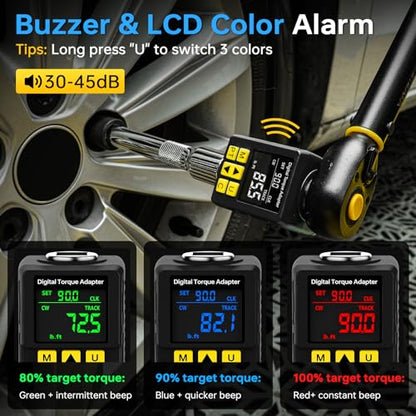 1/2" Digital Torque Wrench Adapter with 1/4" & 3/8" Adapters, 7.5-150Ft-lb, ±2% Accuracy, Buzzer & LED Alert, Versatile Digital Torque Adapter - Preset | Peak/Track | Store/Delete - for Auto, Moto - size: 8-150 Ft-lb/10-200 Nm