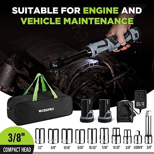 WORKPRO 12V 40 Ft-lbs Power Ratchet Wrench Kit with 10-Piece Socket Accessory Set, 1-Hour Fast Charger, 2.0Ah Lithium-Ion Batteries | 40 Ft-lbs, 10-Piece Socket Accessory Set, 1-Hour Fast Charger, 2.0Ah Lithium-Ion Batteries