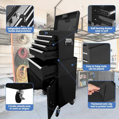 5-Drawer Rolling Tool Chest with Wheels and Locking System, Portable Tool Cabinet for Garage, Workshop, Mechanic, Heavy Duty Tool Box with Drawers, Detachable Storage for Home and Shop, Black - style: 5-Drawer Tool Box
