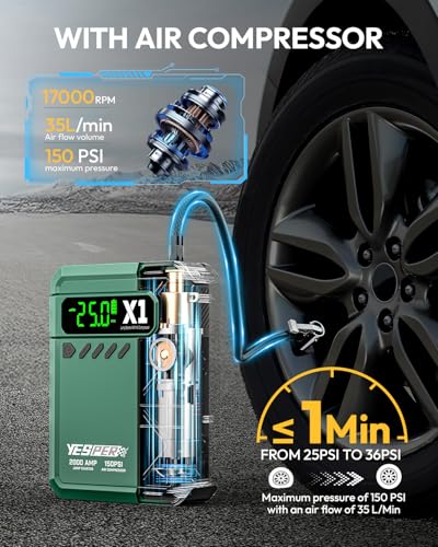 YESPER Jump Starter with Air Compressor 2000A 150PSI Battery Jumper Starter Portable(8L Gas/6L Diesel), 12V Car Jump Pack Battery Charger Jump Box with Jumper Cables, LCD Display, Lights - color: Green