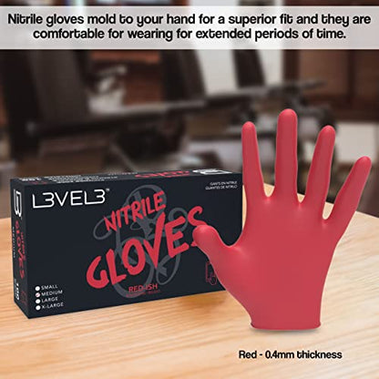 L3 Level 3 Nitrile Gloves - Professional Heavy Duty Disposable Gloves - Latex Free - Fits Snug - Box of 100 - color: Red, size: Large (Pack of 100)