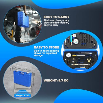 Diesel Compression Tester Kit 47pcs Petrol & Diesel Engine Compression Tester Small Engine Cylinder Leak Down Tester with Compression Gauge, Leak Detector, Gloves, for HDI/TDCi/Pumpe Duse Engine