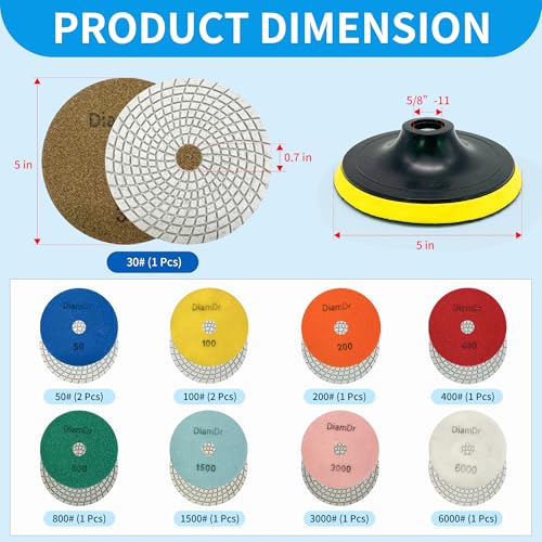 Diamond Polishing Pads Set 5 Inch Tile Wet Dry Polishing Pads Kit | Including 5/8-11 Backer Pad for Drill Grinder Polisher,30-6000 Grit Granite Stone Concrete Marble Polish 12 pcs - size: 5-inch