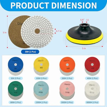 Diamond Polishing Pads Set 5 Inch Tile Wet Dry Polishing Pads Kit | Including 5/8-11 Backer Pad for Drill Grinder Polisher,30-6000 Grit Granite Stone Concrete Marble Polish 12 pcs - size: 5-inch