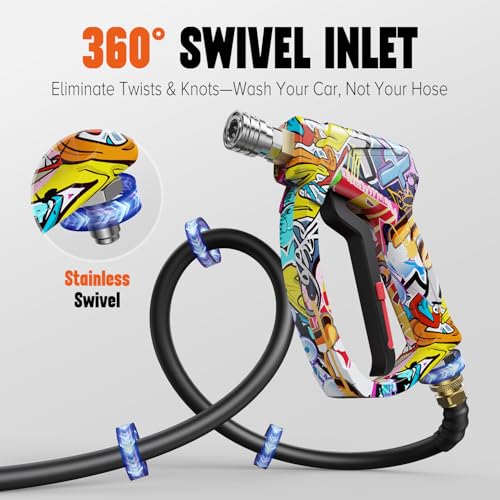 Short Pressure Washer Gun with Swivel, Power Washer Gun | 4000PIS Pressure Washer Wand for Foam Cannon, 3/8" & M22-14mm Connect, 1/4" Quick Connect, Car Washer Gun 5 Spray Nozzle - color: Graffiti-360° Swivel Inlet