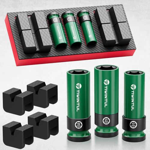 7Pcs 1/2" Wheel Protector Impact Socket Set with Jack Stand Pads | Impact Lug Nut Socket Set, Metric 17 19 21 mm, CR-MO Steel, 6-Point Thin Wall Socket Set, Universal Rubber Jack Pad Adapter - size: 7 PCS(Metric)