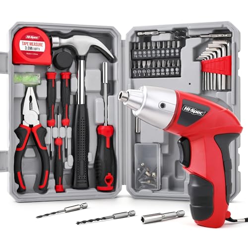 Hi-Spec 4V Electric Screwdriver Tool Kit Set. Cordless USB Rechargeable Screwdriver with Home Repair Tools. 42pc Compact Portable Case, DIY Kit for Beginners and the Household - Red - color: Red